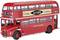 A red double-decker bus with an advertisement for 'Jacob's Cream Crackers' on its side. It bears the inscription 'London Transport'.