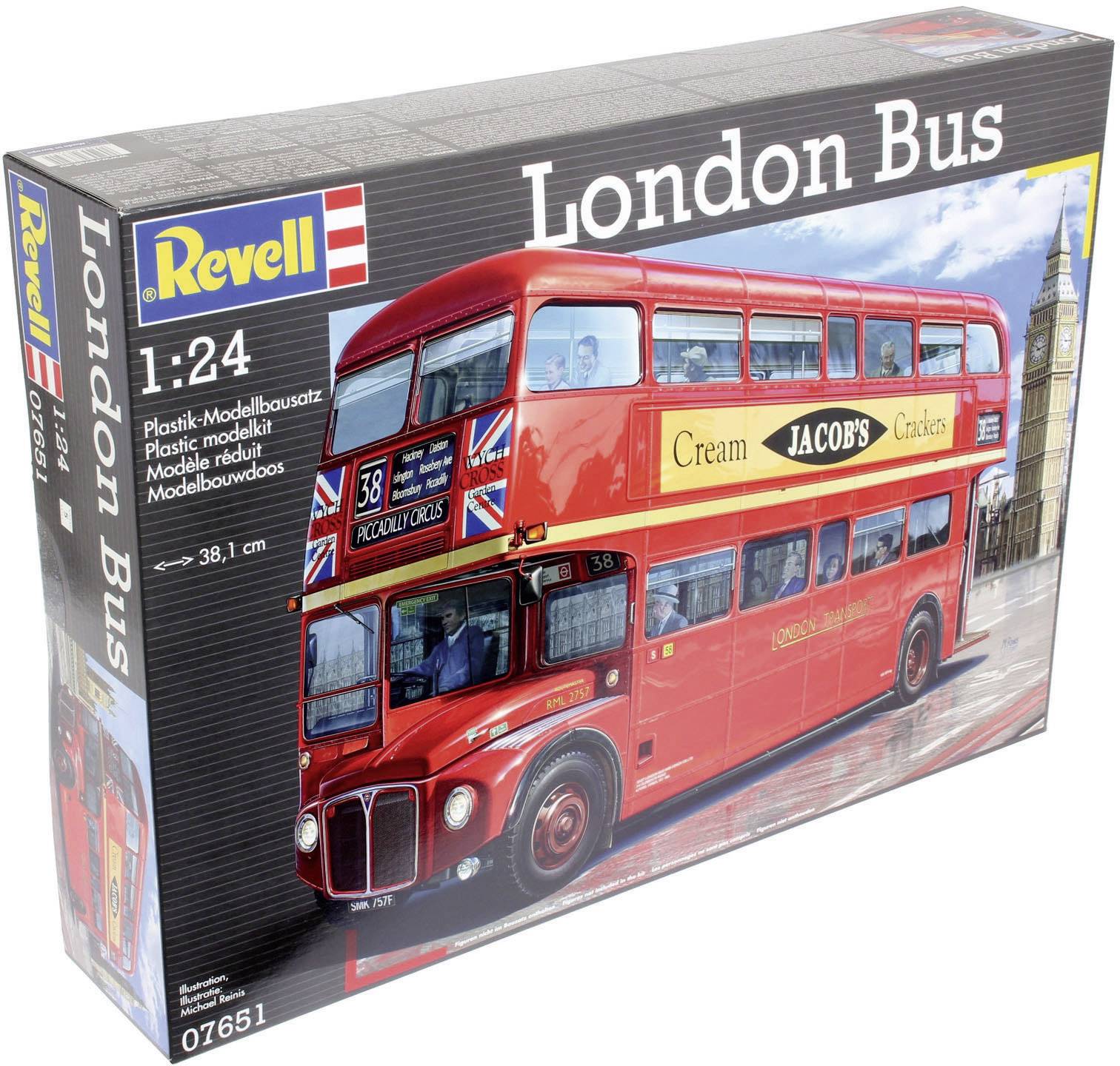 Kit packaging for a 1:24 scale model of a London double-decker bus, depicted against the backdrop of the city.