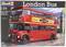 A red double-decker bus with advertising for 'Jacob's Cream Crackers' drives past Big Ben. Packaging for a model kit at a scale of 1:24.