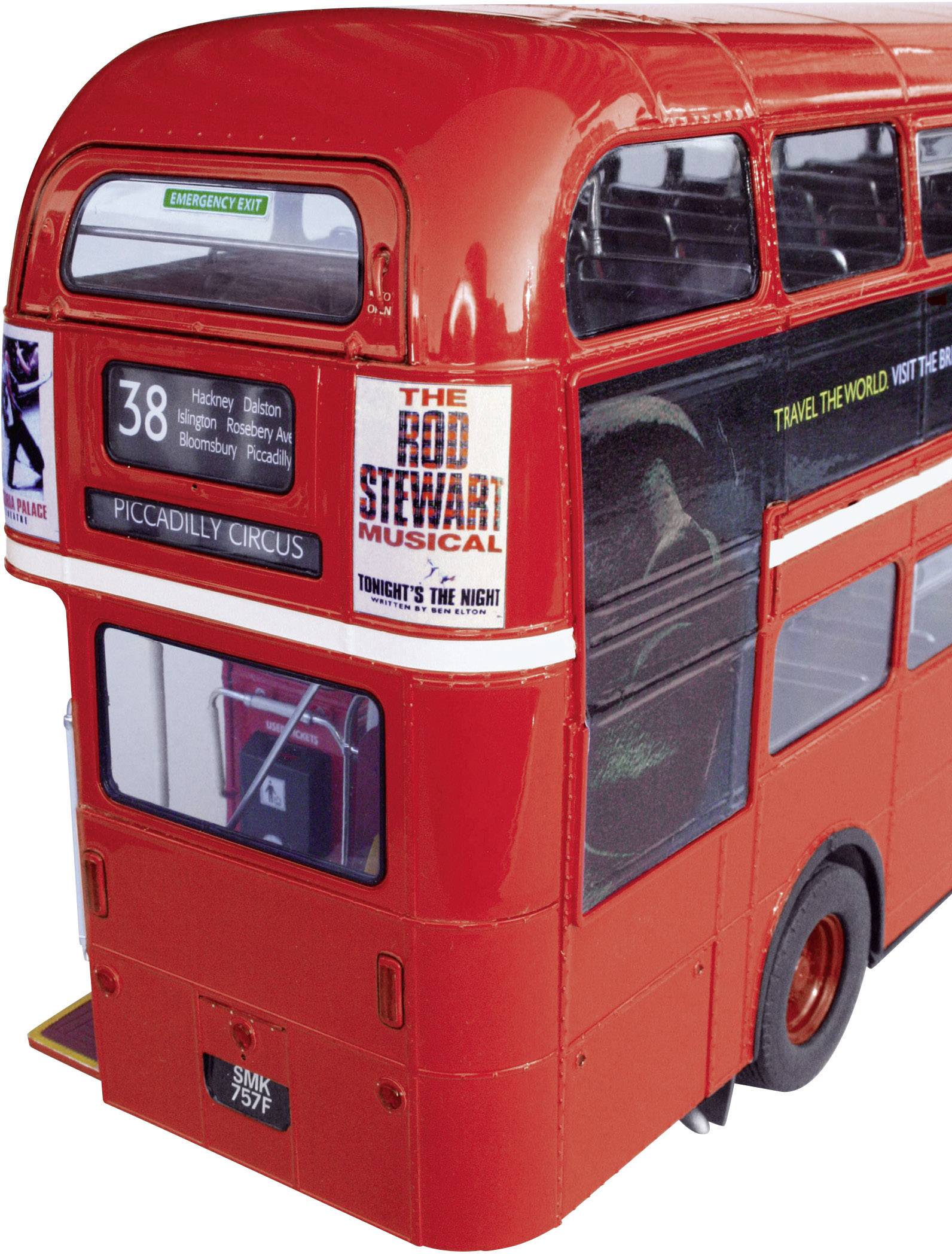 Red double-decker bus with the inscription '38 Piccadilly Circus'. Advertisement for 'The Rod Stewart Musical' on the back.