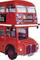 Red double-decker bus with the inscription '38 Piccadilly Circus', British flag on the side, destination and details on the front display.