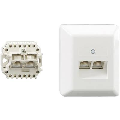 Two network sockets, one open with visible contacts, the other closed and mounted in a white glossy cover.