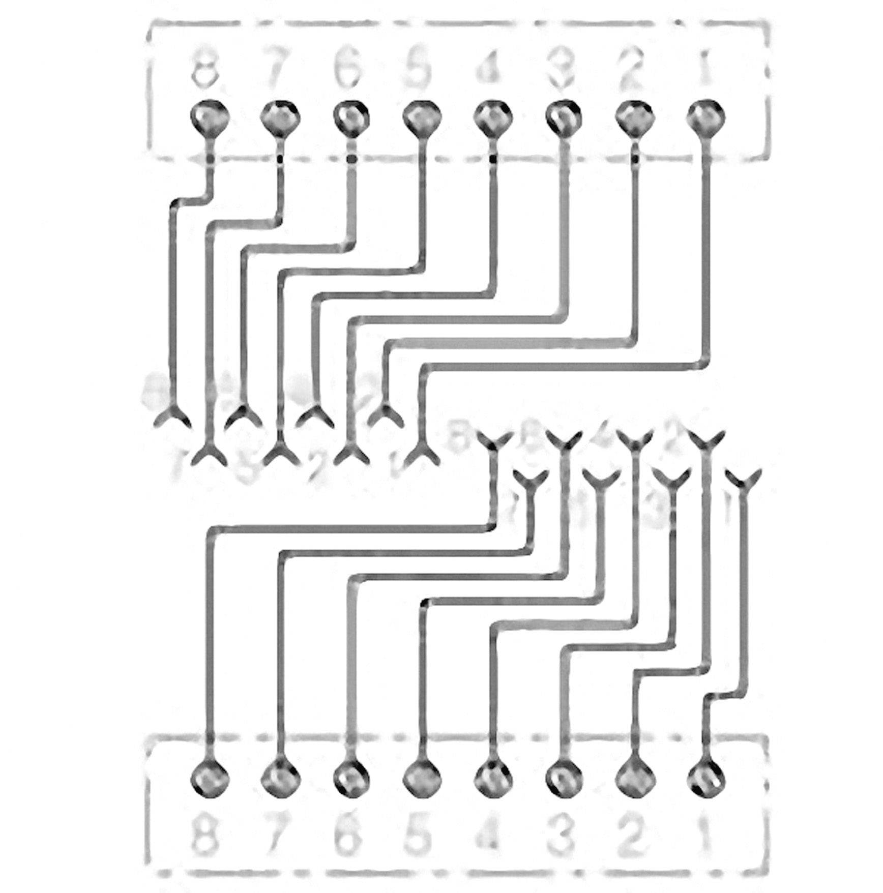 Image of wiring in an electronic circuit diagram, showing connected routes between two rows of numbered contacts.