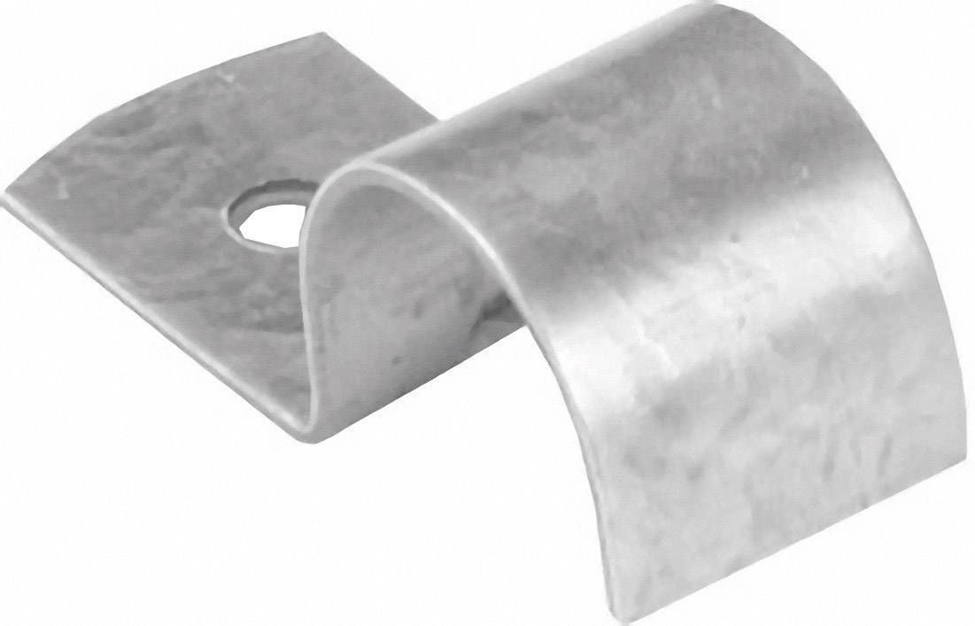 A silver metal clip with a hole in the centre, bent for fastening cables or other small objects.