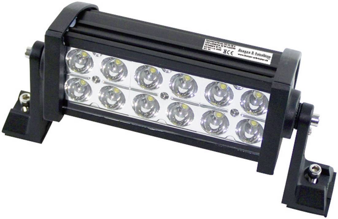 A LED light bar with twelve lamps in a black housing, mounted laterally on metal brackets.