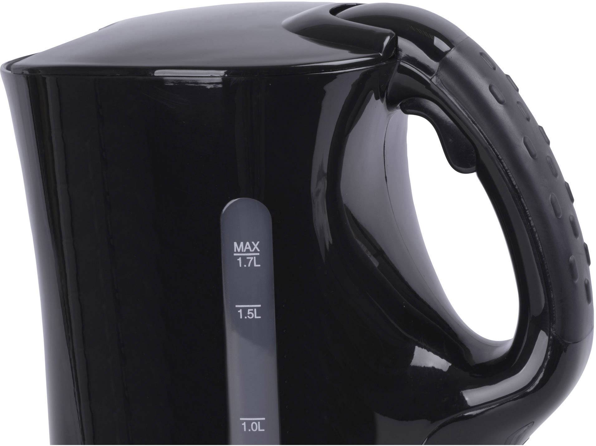 Black kettle with measurement scale for 1.0 to 1.7 litres on the left side, ergonomic handle on the right.