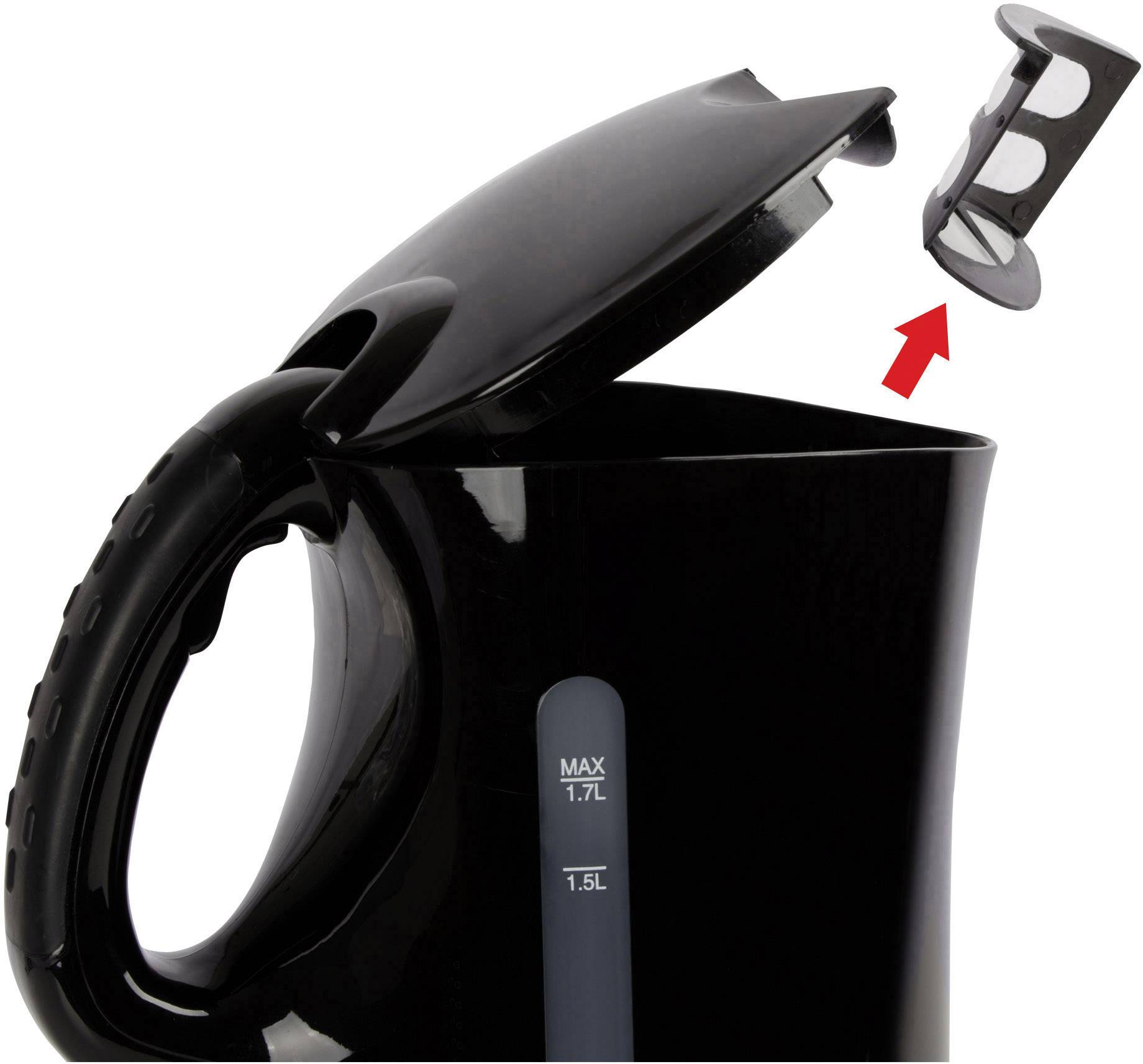 Black kettle with open lid, removable limescale filter highlighted by red arrow. Maximum capacity 1.7 litres.