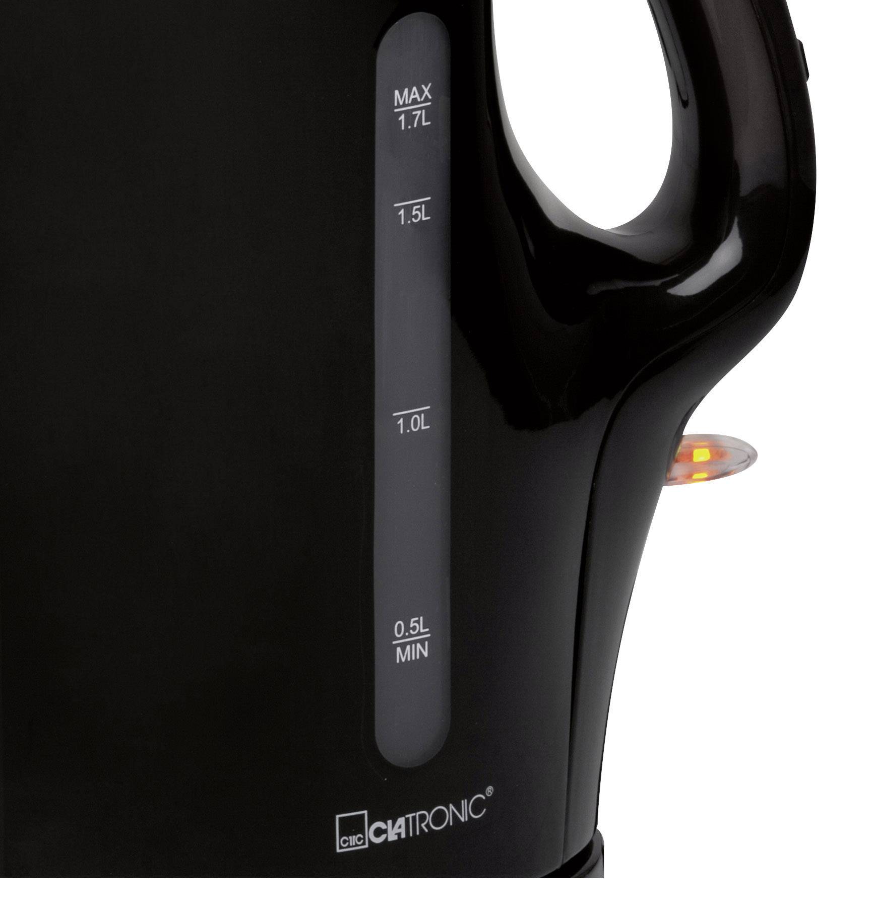 Black kettle with a transparent water level window. Shows markings from 0.5 l to 1.7 l. Brand name below: 'Clatronic'.
