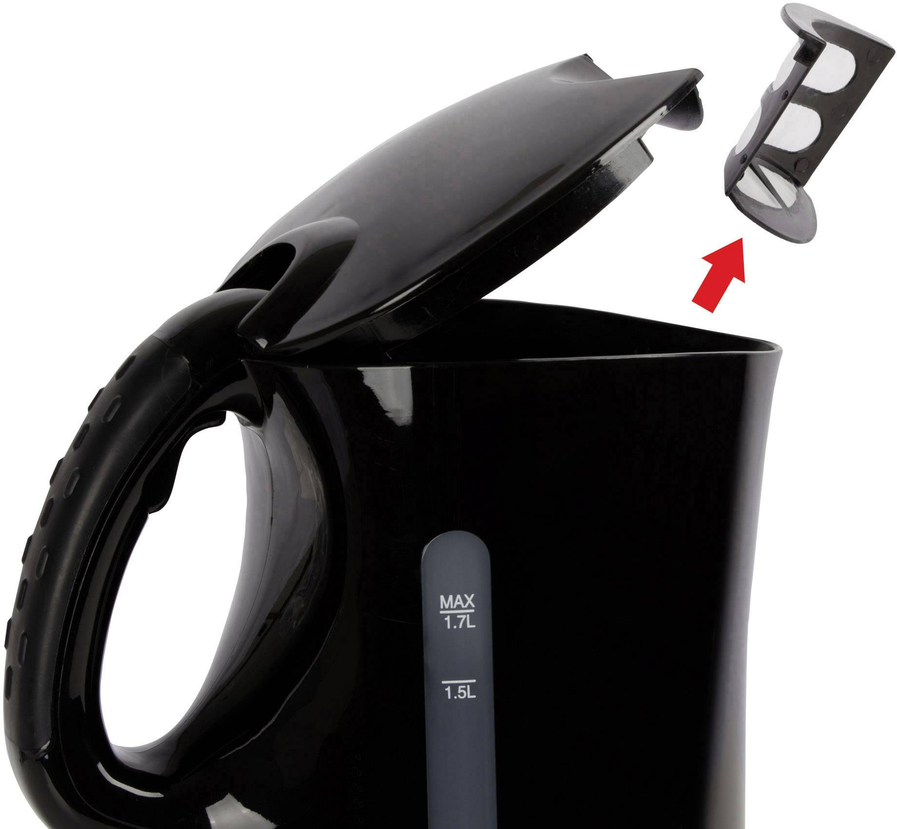 Black kettle with open lid. An arrow points to a removable filter sieve hovering above the opening.