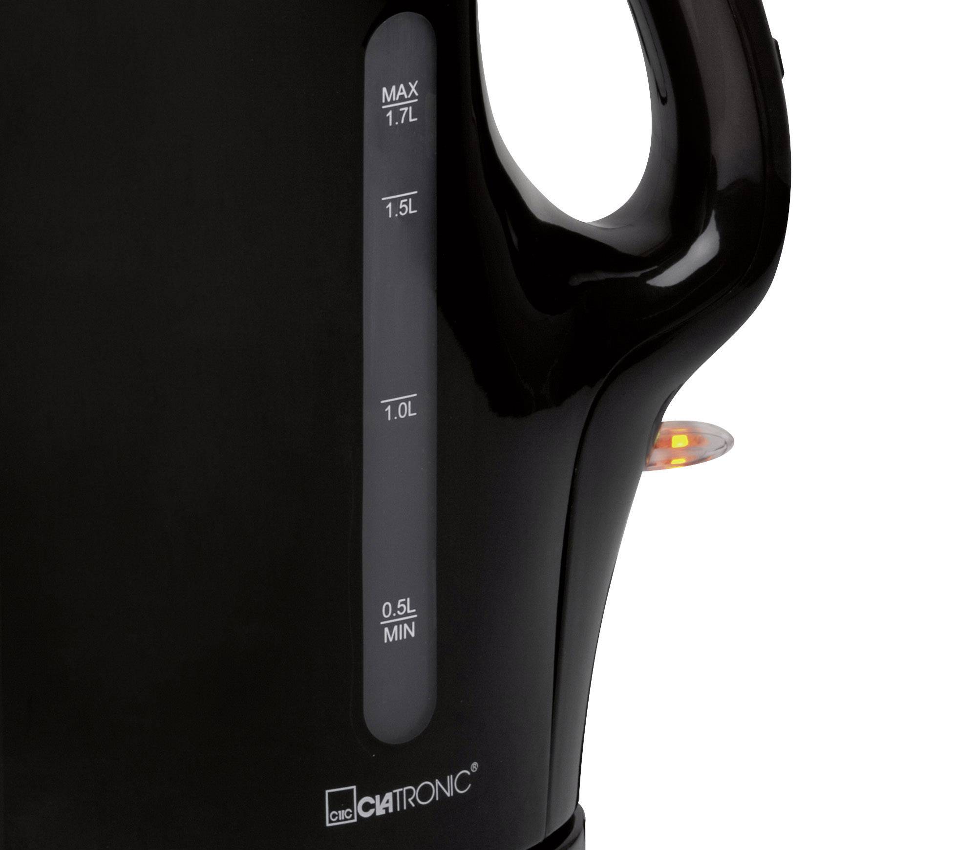 Black kettle with side water level indicator. Maximum capacity of 1.7 litres. An orange light indicates that the appliance is switched on.