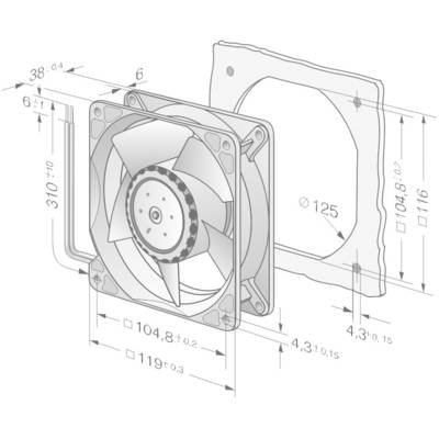 Technical drawing of a fan with dimensional specifications in millimetres, showing front and side views with sizes and mounting hole references.