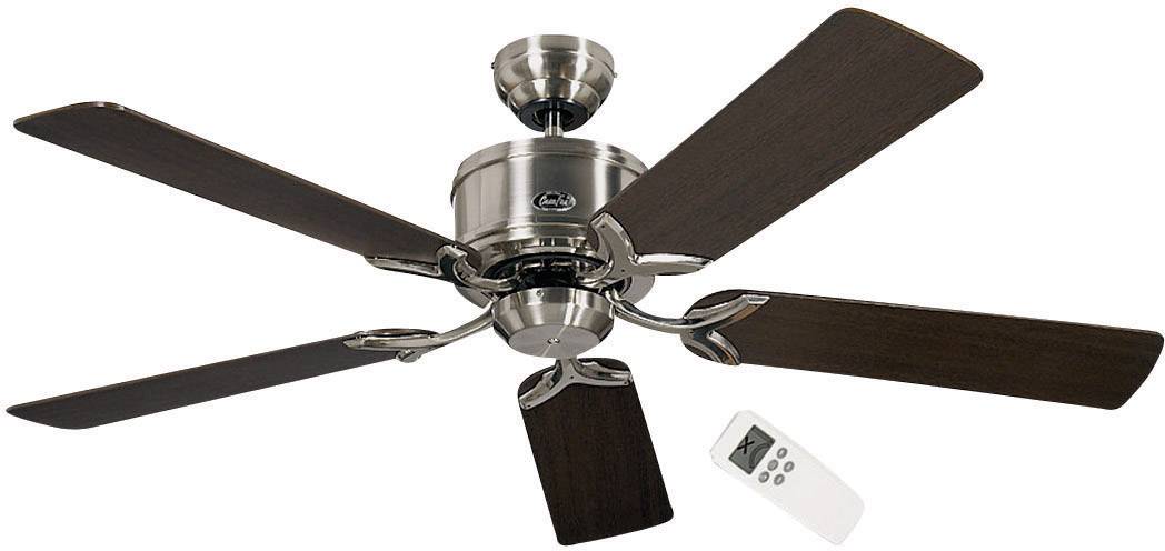 A ceiling fan with five dark brown metal blades. A white remote control is visible in the bottom right of the image.