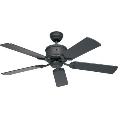 A black ceiling fan with five blades, mounted on a ceiling, photographed from a slightly side-on perspective.