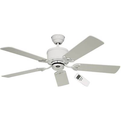 A white ceiling fan with five blades and a remote control.