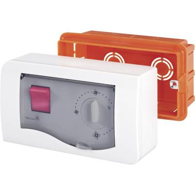 White plastic cover of an electrical wall switch with a red handle and rotary knob, next to an orange mounting bracket.
