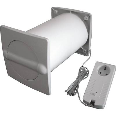 Ventilation unit with circular fan, wall mount and cable. Next to it lies a power socket with cable connection.