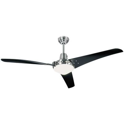 A modern ceiling fan with three black blades and a silver casing. Ideal for air circulation in interior spaces.