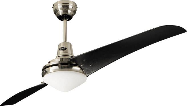 A modern ceiling fan with two long, black blades and an integrated ceiling light in the centre.
