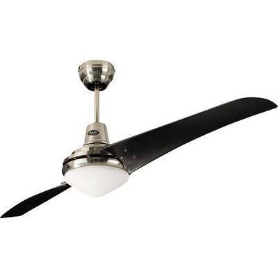 A modern ceiling fan with two long, black blades and an integrated ceiling light in the centre.