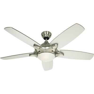 Ceiling fan with five white blades and metal casing, stylish design.