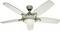 Ceiling fan with five white blades and metal casing, stylish design.