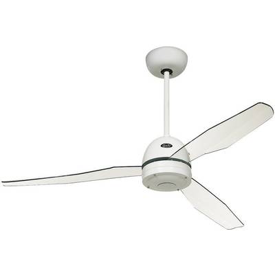 White ceiling fan with three blades, mounted on a rod, with a round ceiling mount.