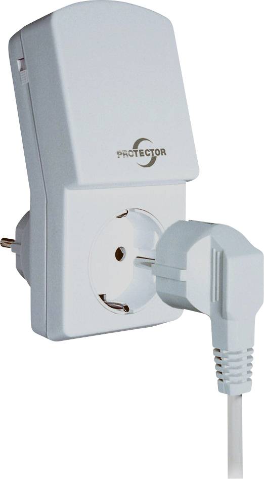 A surge protection adapter is plugged into a socket, with one socket slot available for an additional device. The adapter is marked with the word 'PROTECTOR'.