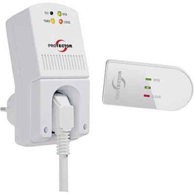 'Protector' plug-in device with cable and wireless sensor. LED indicators for 'Test', 'Open' and 'Power' display the status.