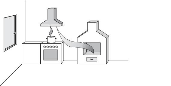 A kitchen with a cooker, above which is an extractor fan and a pot with steam. Beside it, a small open fireplace.