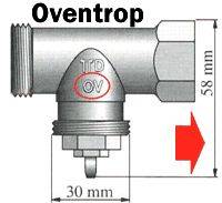 'Schematic of an Oventrop Valve: A T-shaped valve with TD and OV markings. Dimensions: 58 mm height, 30 mm width.'