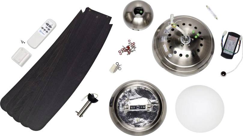 Disassembled ceiling fan with remote control, blades, motor, light fixture, and mounting hardware against a white background.