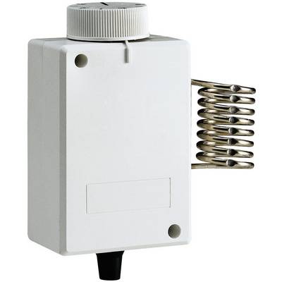 A white temperature sensor with a spiral-shaped metal probe on the side.