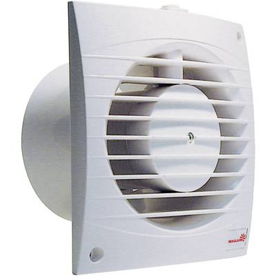 White, square fan with multiple parallel slits and a central rotor, mounted on a wall.