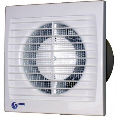 A white, square fan with a mesh grille and central ventilator.