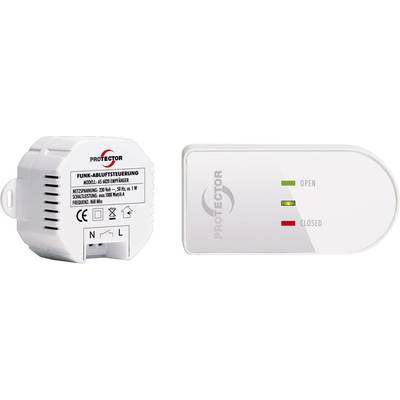 Caption: Two electronic devices for controlling exhaust ventilation systems. On the left: Radio receiver with technical specifications. On the right: Control panel with LED indicators 'OPEN' and 'CLOSED'.