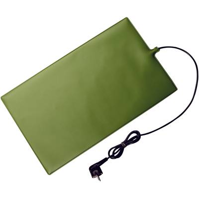 Green electric heating mat with plug cable, rectangular and flat, for plant cultivation or terrarium heating.