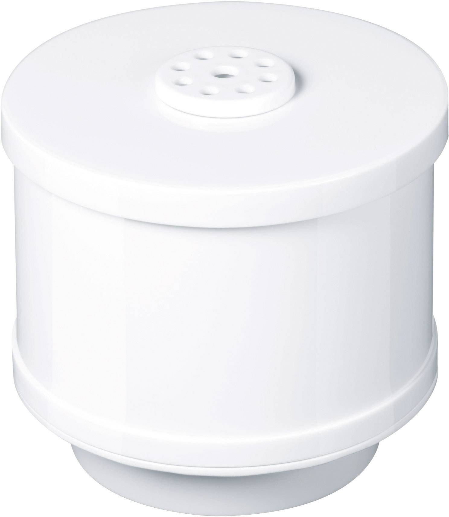 A white water filter in a cylindrical shape with holes at the top, used for water treatment.