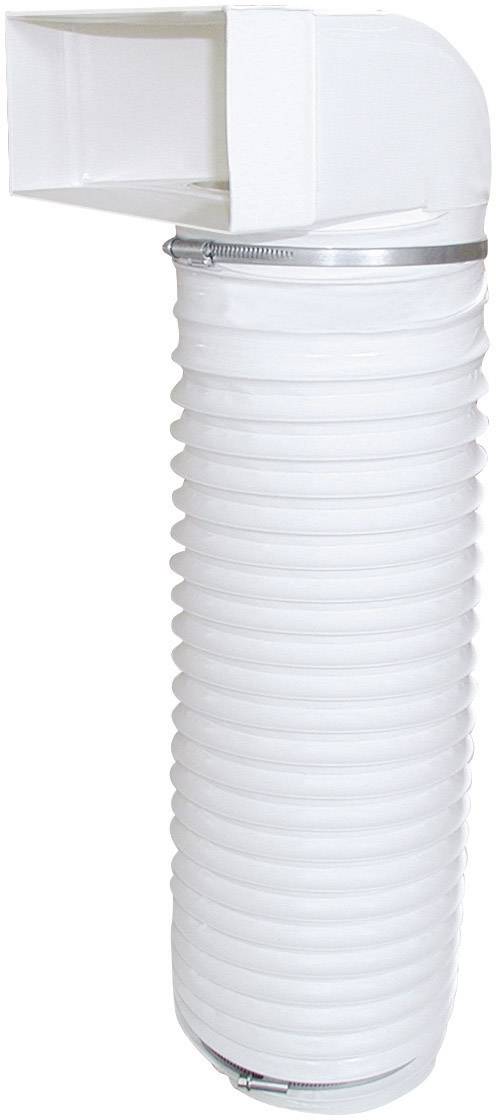 A white, flexible ventilation duct with a rectangular connection piece at the top and a metallic tension band in the middle.