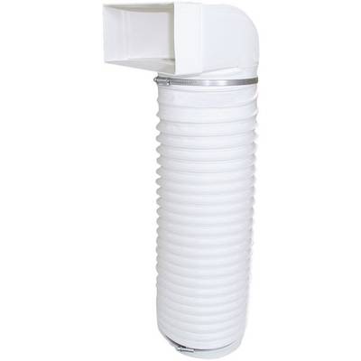 A white, flexible ventilation duct with a rectangular connection piece at the top and a metallic tension band in the middle.
