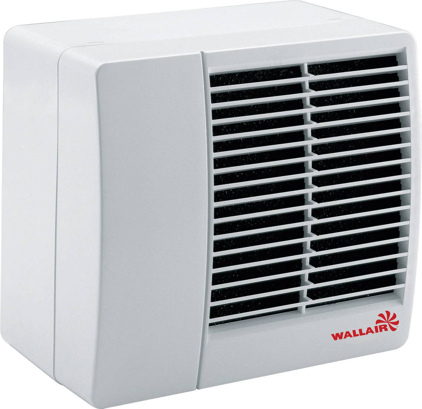 Small white wall-mounted fan with a black grille on the front, marked with the red 'WALLAIR' logo in the bottom right corner.