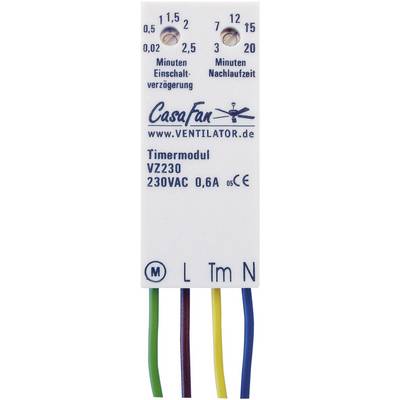 Figure of a timer module with the label 'CasaFan'. Shows settings for switch-on and run-on delay in minutes.