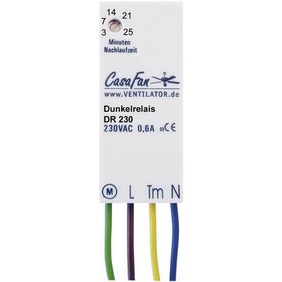 White electrical component with 'Dunkelrelais DR 230' inscription by CasaFan, showing minutes of run-on time, has coloured cable connections.