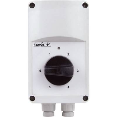 A white switch box with a black rotary knob, numbered from 0 to 5, which allows adjustment of a device's speed.