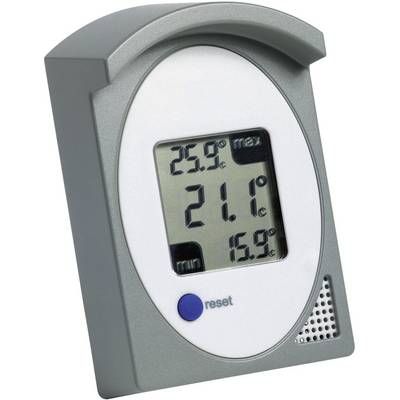Electronic thermometer with digital display shows 25.9°C as maximum, 21.1°C currently and 15.9°C as minimum.