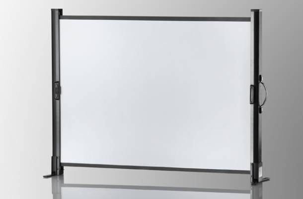 Free-standing screen with a black frame against a grey background, suitable for room dividing or presentation purposes.