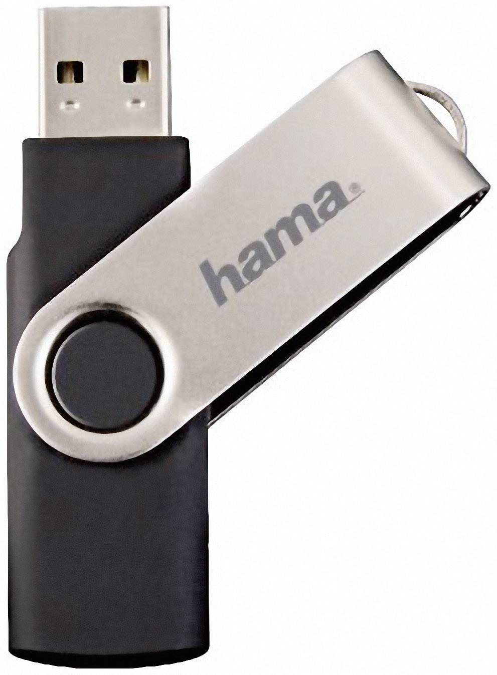 USB drive with a black casing and a rotatable silver cover. The cover is printed with 'hama'.