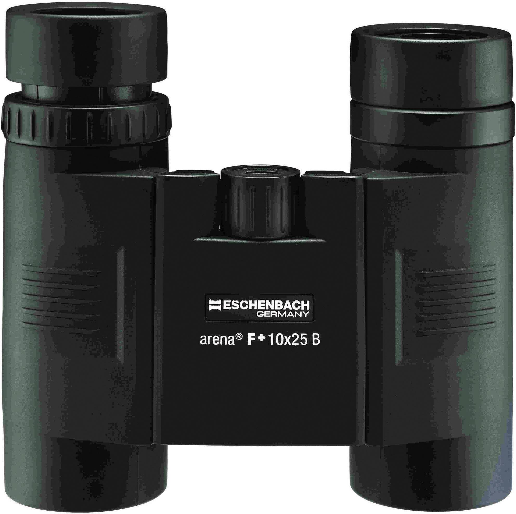 Binoculars with the inscription 'ESCHENBACH GERMANY arena F+ 10x25 B', black, compact design, central focussing ring.