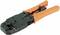 Crimping pliers with orange handles on a white background, used for creating cable connections in network technology.