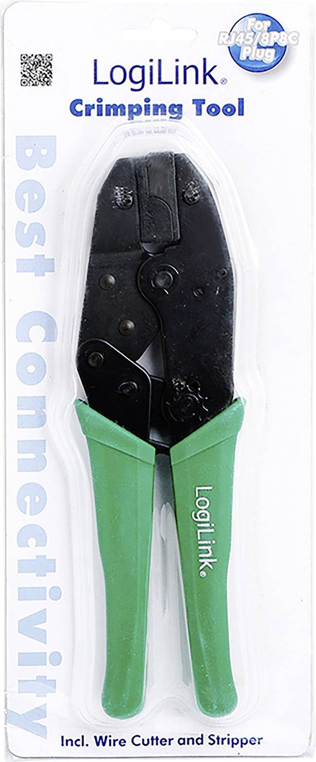 LogiLink network crimping pliers, black with green handles, packaged with text 'Best Connectivity'.