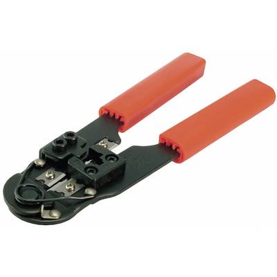 Pliers with red handles, presumably for crimping cables, on a white background.